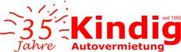 "35 Jahre Kindig Autovermietung Logo, rot-weißes Design, seit 1982."