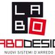 Logo di Labo Design, con slogan "Nuovi sistemi d'arredo" in nero e rosso.