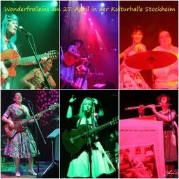 Collage von Wonderfrolleins-Konzert mit Gitarre, Bass, Flöte und Gesang in buntem Bühnenlicht.