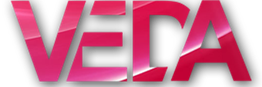 Logo met de tekst "VEDA" in glanzend roze letters op een zwarte achtergrond.