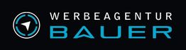 Logo der Werbeagentur Bauer mit einem stilisierten Pfeil in einem Kreis auf schwarzem Hintergrund.