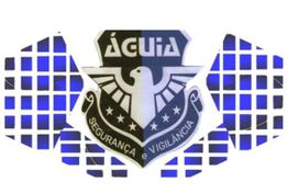 Emblema com águia e texto "Águia: Segurança e Vigilância" sobre fundo quadriculado azul.
