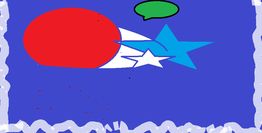 Desenho com formas coloridas: círculo vermelho, estrelas azul e branca e balão verde. Fundo azul.