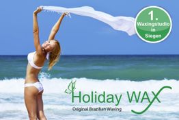 Frau im Bikini am Strand, hebt Tuch. Text: Holiday WAX, Original Brazilian Waxing, Siegen.