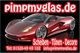 Rotes Sportauto mit Website "pimpmyglas.de", Kontaktinformationen und Dienstleistungen.