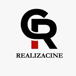 Logo de Realizacine, letras negras "GR" con un rectángulo rojo abajo y texto debajo.