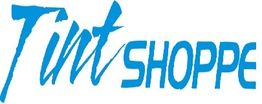 "Logo with blue text 'Tint Shoppe' in a stylized font on a white background."