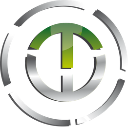Ein silber-grünes, rundes Logo mit geometrischen Formen im Inneren.
