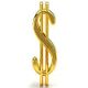 A shiny gold dollar sign on a white background.