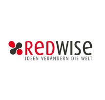 Logo von Redwise mit Slogan "Ideen verändern die Welt" und abstrakten roten und schwarzen Formen.