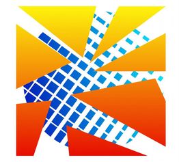 Abstraktes Design mit blauen Quadraten und roten, gelben Dreiecken auf weißem Hintergrund.