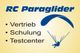 RC Paraglider Logo mit blauem Schirm und Text: Vertrieb, Schulung, Testcenter.