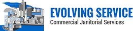 Logo of Evolving Service, Commercial Janitorial Services, with a cityscape design on the left.