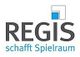 Logo mit Text "REGIS schafft Spielraum" und grafischem Element oben rechts.