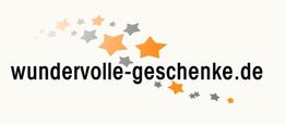 Text: "wundervolle-geschenke.de", umgeben von grauen und orangefarbenen Sternen.