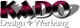 KADO-Logo in Glanzoptik, Text darunter: Design + Werbung, Hintergrund weiß.