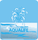 Logo con fontana stilizzata sopra la scritta "Aqualife" su sfondo blu chiaro.