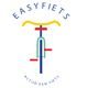 Abstracte fiets in primaire kleuren met tekst "EASYFIETS" boven en "ALTIJD EEN FIETS" eronder.