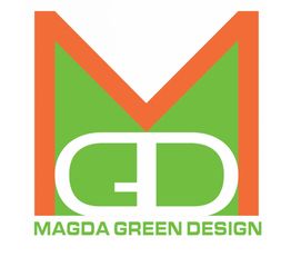 Logo with large orange "M" and green "GD". Text below: "Magda Green Design".