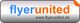 Logo mit Text "flyerunited" in Blau und Orange auf silbernem Hintergrund, Webseite: flyerunited.de.