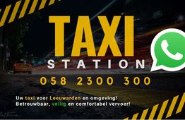 Taxi Station afbeelding met telefoonnummer en WhatsApp-logo, biedt betrouwbaar vervoer in Leeuwarden.