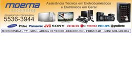 Banner de assistência técnica em eletrodomésticos com marcas e produtos como TVs e adega de vinho.