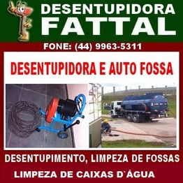 Banner da Desentupidora Fattal com imagens de caminhão e equipamento de desentupimento.