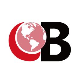 Logo mit roter Weltkugel und schwarzem Buchstaben "B" auf weißem Hintergrund.