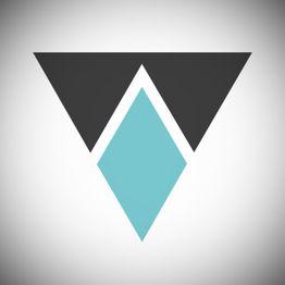 Abstraktes Logo: Schwarzes Dreieck über blauem Diamanten auf grauem Hintergrund.