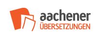 Logo mit Text "aachener übersetzungen", mit orangenen stilisierten Dokument-Icons.
