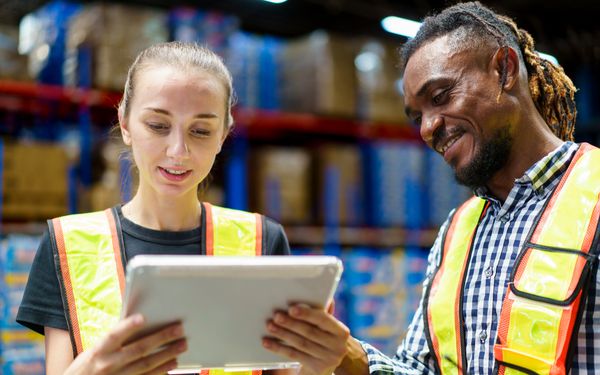 Zwei Mitarbeitende in Warnwesten nutzen gemeinsam ein Tablet in einem Lager und greifen digital auf arbeitsbezogene Informationen zu.