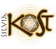 Logo mit dem Text "Silvia Kost" und einem Stern im Hintergrund. Goldener Kreis umrundet das Logo.