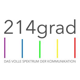 "Logo mit Schriftzug '214grad', fünf farbige Streifen, Text: 'Das volle Spektrum der Kommunikation'."