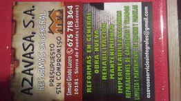 Cartel de servicios de construcción y reformas de Azavasa, S.A., con contacto y dirección.