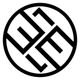 Een cirkelvormig geometrisch logo met vier gestileerde lijnen in zwart-wit.
