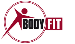 Rotes Logo mit stilisierter Figur und Text "Body Fit" in Schwarz und Rot.