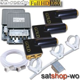Satellitenzubehör-Set: LNBs, Multischalter, Kabel und Halterungen, geeignet für 3D und Full HD.