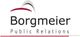 Logo mit Text: "Borgmeier Public Relations" und grafischem Element in Rot und Grau.