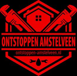 Rood logo van Ontstoppen Amstelveen met twee moersleutels en een huisje.