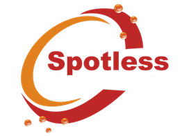 Logo for Spotless cleaning services with orange and red swirls and small water droplets.