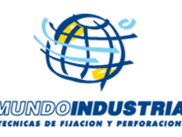 Logotipo de MundoIndustria con diseño de globo terráqueo azul y amarillo.