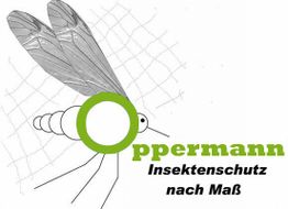 Zeichnung einer Mücke vor einem Netz mit Text: "Oppermann Insektenschutz nach Maß".