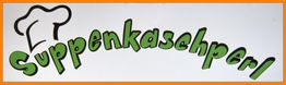 Gekritzeltes Logo mit Kochmütze und dem Wort "Suppenkasperl" in grüner Schrift.