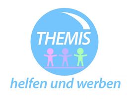 Blaues Logo mit "THEMIS", drei Figuren und dem Text: "helfen und werben".