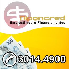 Logo Niponcred, notas de cem reais e número de telefone 3014.4900 sobre fundo amarelo.