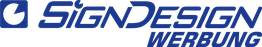 Logo mit blauem Schriftzug "SignDesign Werbung" und einem abstrakten Symbol links.