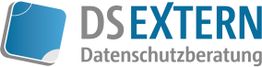 Logo mit blauem Quadrat und Text: "DS EXTERN Datenschutzberatung".