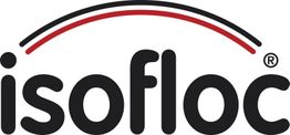 Logo von Isofloc mit einem geschwungenen roten und schwarzen Bogen darüber.