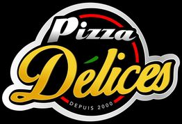 Logo "Pizza Délices" avec slogan "Depuis 2000" en noir, blanc, rouge et or.
