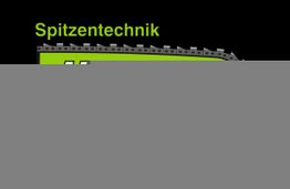 Text "Spitzentechnik" auf schwarzem Hintergrund mit grauem Grafikstreifen unten.